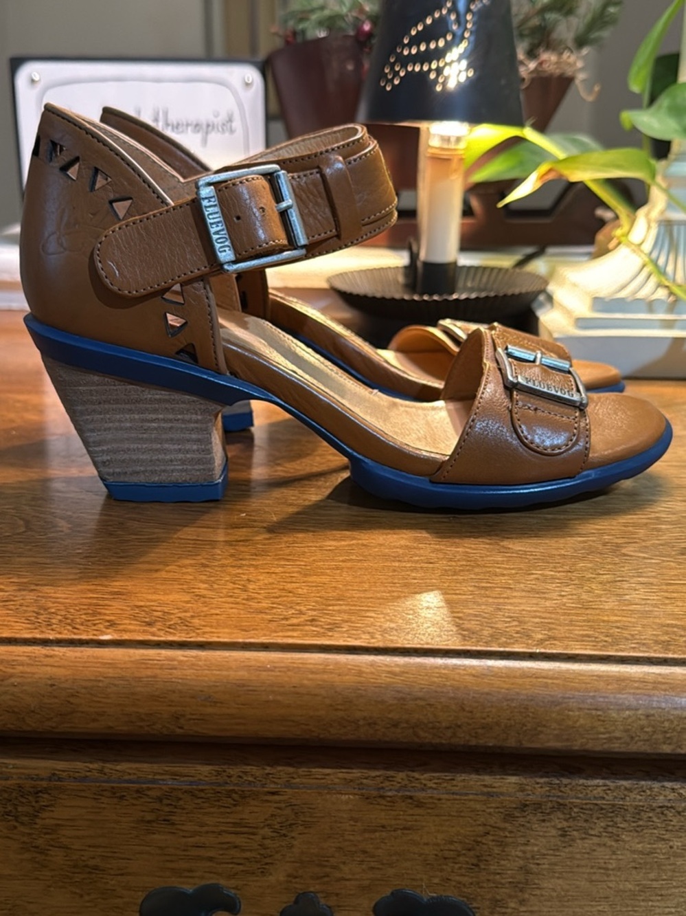 John Fluevog Brown Leather Sandal with Blue Sole and Accents